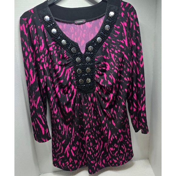 Women's Cocomo Tunic Top M Black Pink Animal Print Beaded V-Neck - Picture 4 of 5
